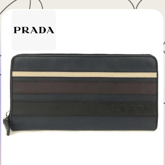 PRADA Stripe Saffiano Leather Zip Around Long Wallet - Picture 1 of 9